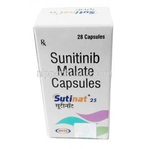 スチナット 25, スニチニブ25mg, 28カプセル, 製造元：Natco Pharma Ltd, 箱表面