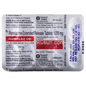 ラノラズ OD, ラノラジン 1000 mg, 製造元：Torrent Pharma, シート情報