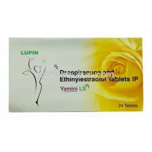 ヤミニ LS,ドロスピレノン 3 mg/ エチニルエストラジオール 0.02mg,24錠,製造元 Lupin, 箱表面