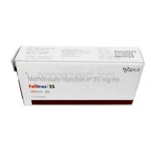 フォリトラックス 注射, メトトレキサート  1mLあたり25mg, 1mL アンプル, 製造元：Ipca Laboratories, 箱上面