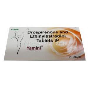 ヤミニ, ドロスピレノン 3 mg/ エチニルエストラジオール 0.03mg, 21錠, 製造元:Lupin, 箱表面
