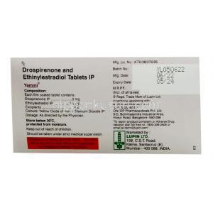 ヤミニ, ドロスピレノン 3 mg/ エチニルエストラジオール 0.03mg, 21錠, 製造元:Lupin, 箱情報