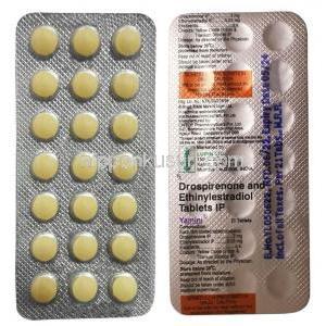 ヤミニ, ドロスピレノン 3 mg/ エチニルエストラジオール 0.03mg, 21錠, 製造元:Lupin,シート表面, 裏面