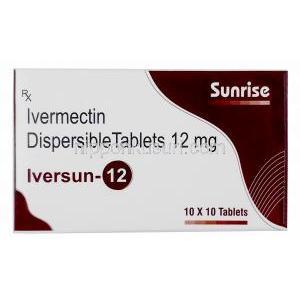 イベルサン, イベルメクチン 12mg, 10錠, 製造元:Sunrise remedies,箱表面