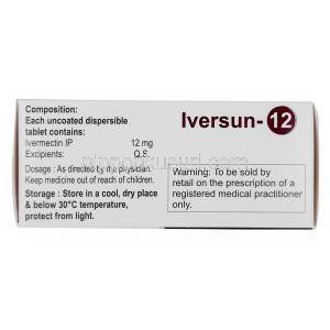 イベルサン, イベルメクチン 12mg, 10錠, 製造元:Sunrise remedies,箱情報
