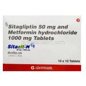 シタジット M, シタグリプチン 50mg/ メトホルミン 1000mg, 製造元：Glenmark Pharmaceuticals, 箱表面