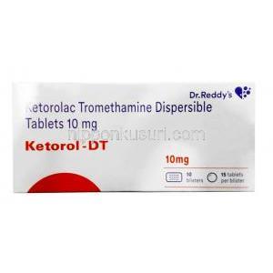 ケトロールDT, ケトロラクトロメタミン 10mg, 口腔内崩壊錠, 製造元：Dr.Reddy's Lab, 箱表面