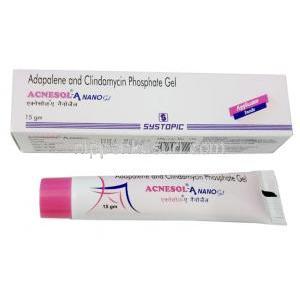 アクネソル A ナノジェル, アダパレン 0.1% w/w(1mg)/ クリンダマイシン 1% w/w(10mg),ジェル 15g, 製造元：Systopic Laboratories, 箱, チューブ表面