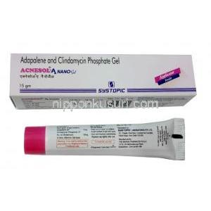 アクネソル A ナノジェル, アダパレン 0.1% w/w(1mg)/ クリンダマイシン 1% w/w(10mg),ジェル 15g, 製造元：Systopic Laboratories, 箱, チューブ情報