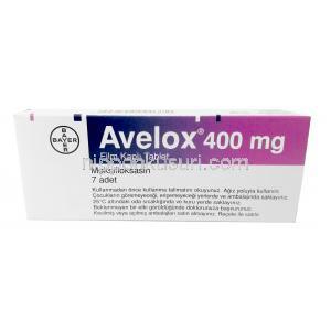 アベロックス,  モキシフロキサシン 400mg, 製造元：Bayer,箱表面