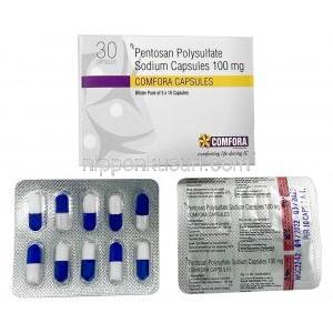 コンフォーラ, ペントサン多硫酸ナトリウム 100mg,  製造元：Swati Spentose Pvt Ltd, 箱表面, シート表面,シート裏面