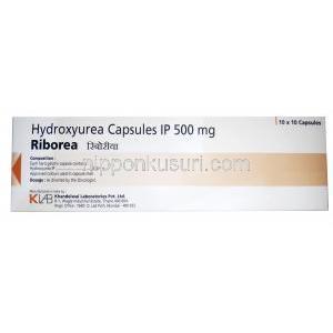 リボレア カプセル, ヒドロキシ尿素 500mg, 製造元：Khandelwal Laboratories Pvt Ltd,箱表面