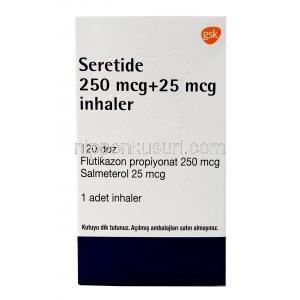 セレタイド インヘラー, サルメテロール 25mcg/ フルチカゾン 250mcg,120回分 インヘラー, 製造元：GSK, 箱表面