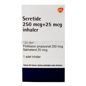 セレタイド インヘラー, サルメテロール 25mcg/ フルチカゾン 250mcg,120回分 インヘラー, 製造元：GSK, 箱表面