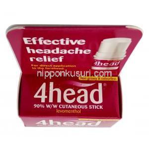 4ヘッド  頭痛用外用スティック, メントール 90%, スティック 3.6ｇ, 製造元：Dendron, 箱上面