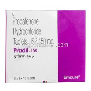 プラディル 150, プロパフェノン 150 mg, 製造元：Emcure Pharma, 箱表面