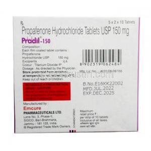 プラディル 150, プロパフェノン 150 mg, 製造元：Emcure Pharma, 箱情報