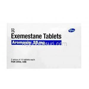 アロマシン糖衣錠,  エキセメスタン 25 mg, 製造元：Pfizer, 箱表面