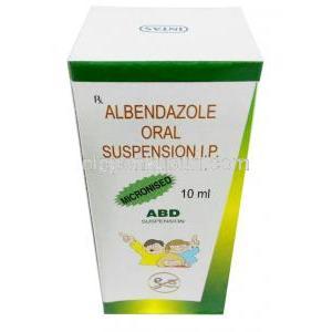 Abd 経口懸濁液, アルベンダゾール 経口懸濁液10mL, 製造元：Intas Pharmaceuticals Ltd, 箱表面