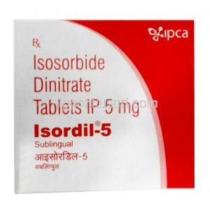 イソルディル-5, 二硝酸イソソルビド 5 mg, 製造元：Ipca Laboratories, 箱表面