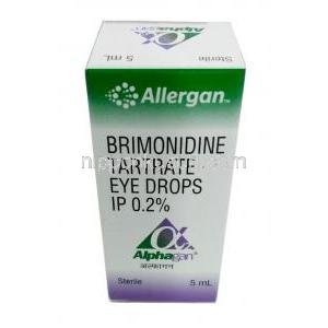 アルファガン点眼薬, ブリモニジン 0.2% w/v, 点眼薬 5mL,製造元： Allergan India Pvt Ltd, 箱表面
