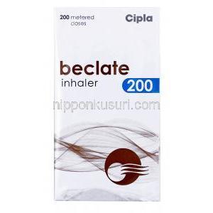 ベクレート  インヘラー,ベクロメタゾン 200mcg, インヘラー200回分(CFC フリー),製造元： Cipla,箱表面