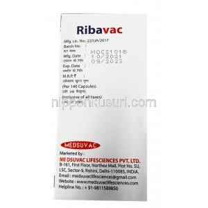 リババック, リバビリン200mg, 140カプセル, 製造元： Medsuvac Lifesciences, 箱情報,製造日, 消費期限