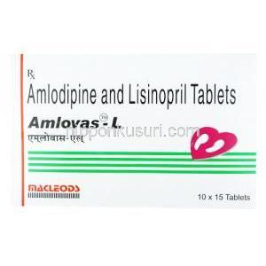 アムロバス L, アムロジピン 5mg/ リシノプリル 5mg, 製造元：Macleods Pharmaceuticals, 箱表面