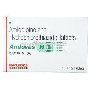 アムロバス H,アムロジピン 5mg/ ヒドロクロロチアジド 12.5mg, 製造元：Macleods Pharmaceuticals, 箱表面