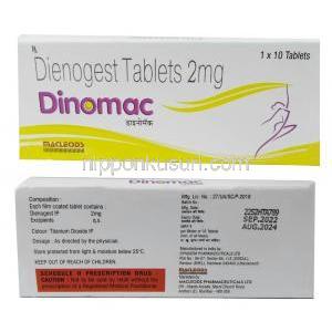 ディノマック, ジエノゲスト 2mg,錠剤,製造元：Macleods Pharmaceuticals Pvt Ltd, 箱表面, 箱裏面