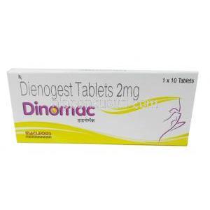ディノマック, ジエノゲスト 2mg,錠剤,製造元：Macleods Pharmaceuticals Pvt Ltd, 箱表面