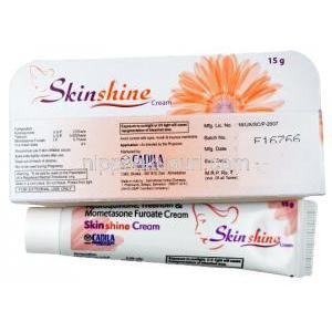 スキンシャイン クリーム, ヒドロキノン 2%/ モメタゾン 0.1%/ トレチノイン 0.025% ,クリーム 15g,  製造元：Cadila Pharmaceuticals,箱表面