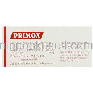 プリモックス Primox, ノリトレン ジェネリック, ノルトリプチリン 25mg 錠 (Sun Pharma) 箱裏面