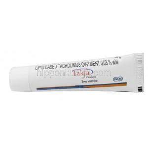 タクファ 軟膏,タクロリムス　0.03% w/w, 軟膏10g, 製造元：Intas Pharma, チューブ表面