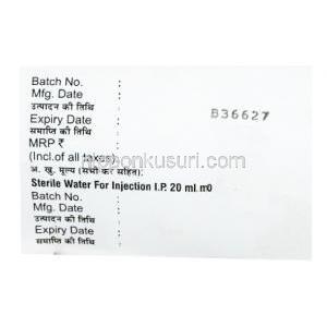 アキュクラフ 静脈注射,アモキシシリン 1000mg/ クラブラン酸 200mg, 製造元：Macleods Pharmaceuticals Pvt Ltd, 箱側面