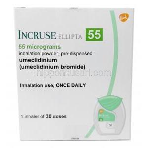 エンクラッセ インヘイラー,臭化ウメクリジニウム 55mcg, インヘイラー 30吸入回分,製造元：GSK, 箱表面