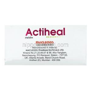 アクティヒール,ブロメライン 90 mg/トリプシン 48 mg/ルトシド 100 mg, 製造元：Macleods Pharmaceuticals Pvt Ltd, 箱側面