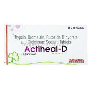 アクティヒール D, トリプシン 48mg/ ブロメライン 90mg/ ルトシド 100mg/ ジクロフェナク 50mg 10 錠,製造元：Macleods Pharmaceuticals Pvt Ltd, 箱表面