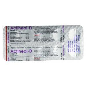 アクティヒール D, トリプシン 48mg/ ブロメライン 90mg/ ルトシド 100mg/ ジクロフェナク 50mg 10 錠,製造元：Macleods Pharmaceuticals Pvt Ltd, シート裏面情報