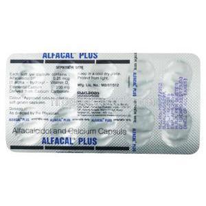 アルファカルプラス , アルファカルシドール 0.25mcg/ カルシウム 200mg, カプセル, 製造元：Macleods Pharmaceuticals Pvt Ltd, シート裏面