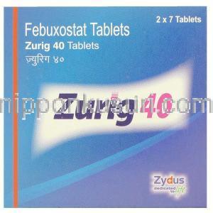 フェブキソスタット（ウロリック ジェネリック）, ズリッグ Zurig 40mg 錠 (Zydus) 箱