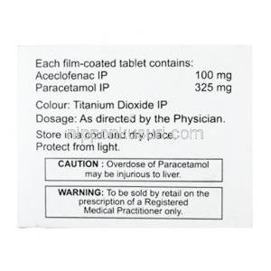 アルゲシア P, アセクロフェナク 100mg/ アセトアミノフェン 325mg, 製造元：Macleods Pharmaceuticals Pvt Ltd, 箱側面情報