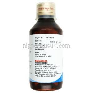 アルカレート内服液, クエン酸水素ナトリウム, 5mLあたり1.37gm, 製造元”：Macleods Pharmaceuticals Pvt Ltd, ボトル側面