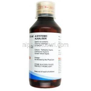 アルカレート内服液, クエン酸水素ナトリウム, 5mLあたり1.37gm, 製造元”：Macleods Pharmaceuticals Pvt Ltd, ボトル裏面情報