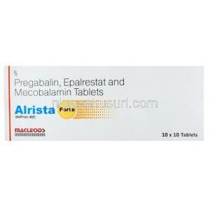 アリスタ フォルテ,エパルレスタット 150mg/ メチルコバラミン 1500mcg/ プレガバリン 150mg, 製造元：Macleods Pharmaceuticals Pvt Ltd, 箱表面