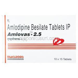 アムロバス,  アムロジピン 2.5mg 錠剤,製造元： Macleods Pharmaceuticals Pvt Ltd, 箱表面