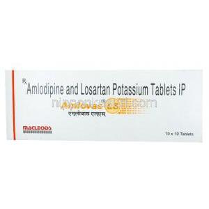 アムロバス LS, ロサルタン 50mg/ アムロジピン 5mg, 製造元：Macleods Pharmaceuticals Pvt Ltd, 箱表面