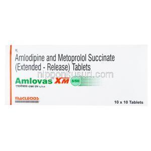 アムロバスXM,アムロジピン 5mg/ メトプロロール 50mg, 製造元：Macleods Pharmaceuticals Pvt Ltd, 箱表面