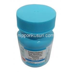 タフィシタ, エムトリシタビン 200mg/ テノホビル 25mg, 30錠, 製造元：Mylan, ボトル表面
