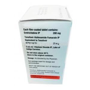 タフィシタ, エムトリシタビン 200mg/ テノホビル 25mg, 30錠, 製造元：Mylan, 箱情報, 成分